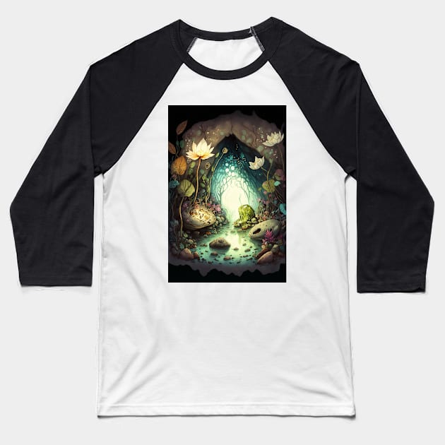 Magical Cavern Oasis Fantasy Illustration Baseball T-Shirt by peachycrossing